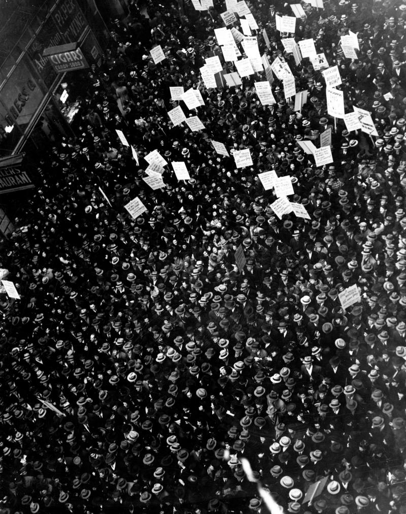 black-and-white-photo-view-from-above-downtown-protest