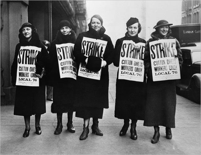 five-women-wearing-strike-posters-cotton-dress-bw